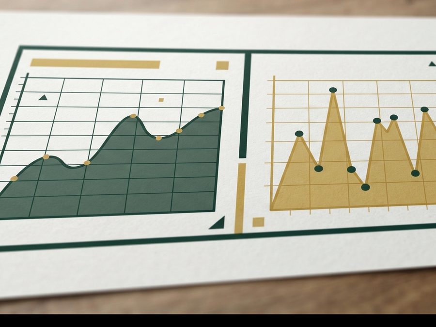 Dua grafik berdampingan di atas kartu, satu naik landai dan satu naik turun tajam.