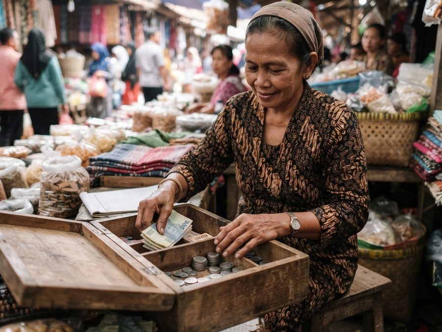 Pedagang menghitung uang setoran di kotak kayu berisi lembaran dan koin.