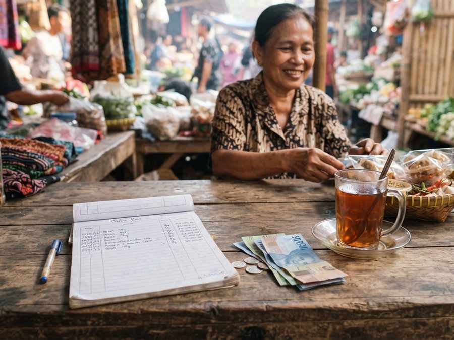 Buku kas tulisan tangan terbuka di meja lapak, di sebelahnya uang kertas dan segelas teh.