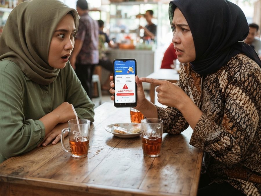 Dua orang di warung memeriksa layar ponsel yang menampilkan peringatan berwarna merah.