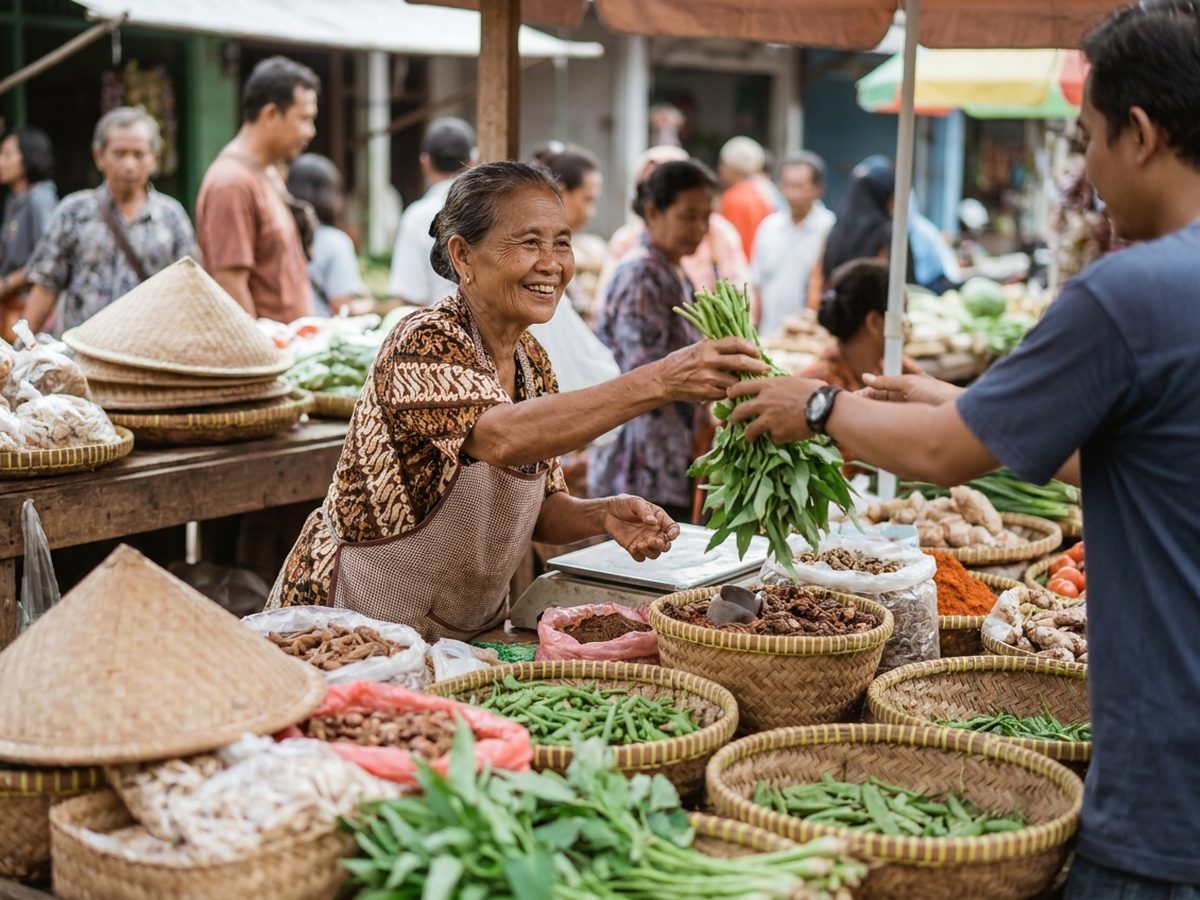 Pedagang sayur di pasar tradisional Jawa Tengah melayani pembeli di lapaknya pada siang hari.