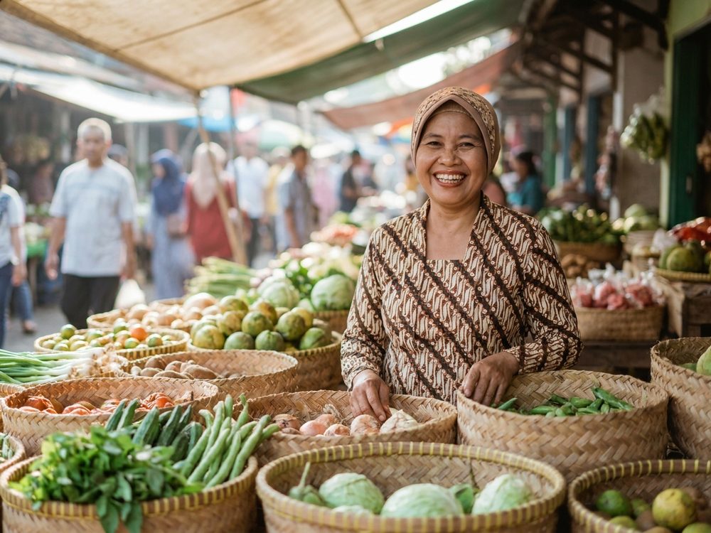 Pedagang sayur tersenyum di antara keranjang dagangannya di pasar pagi.